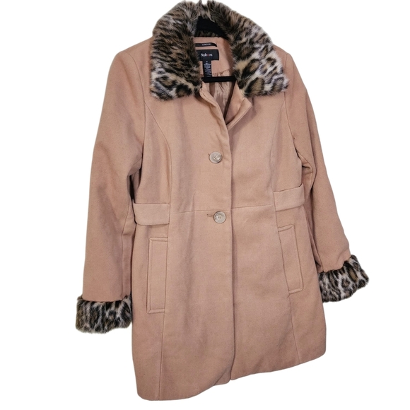 Style & Co ladies pea coat with faux fur animal print - Picture 1 of 11